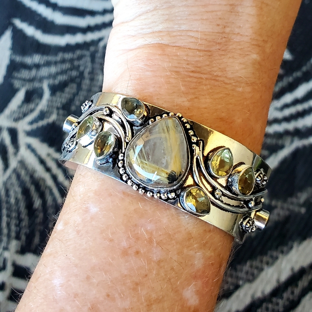 New Golden Rutile and Citrine 925 Silver Cuff Bracelet.
